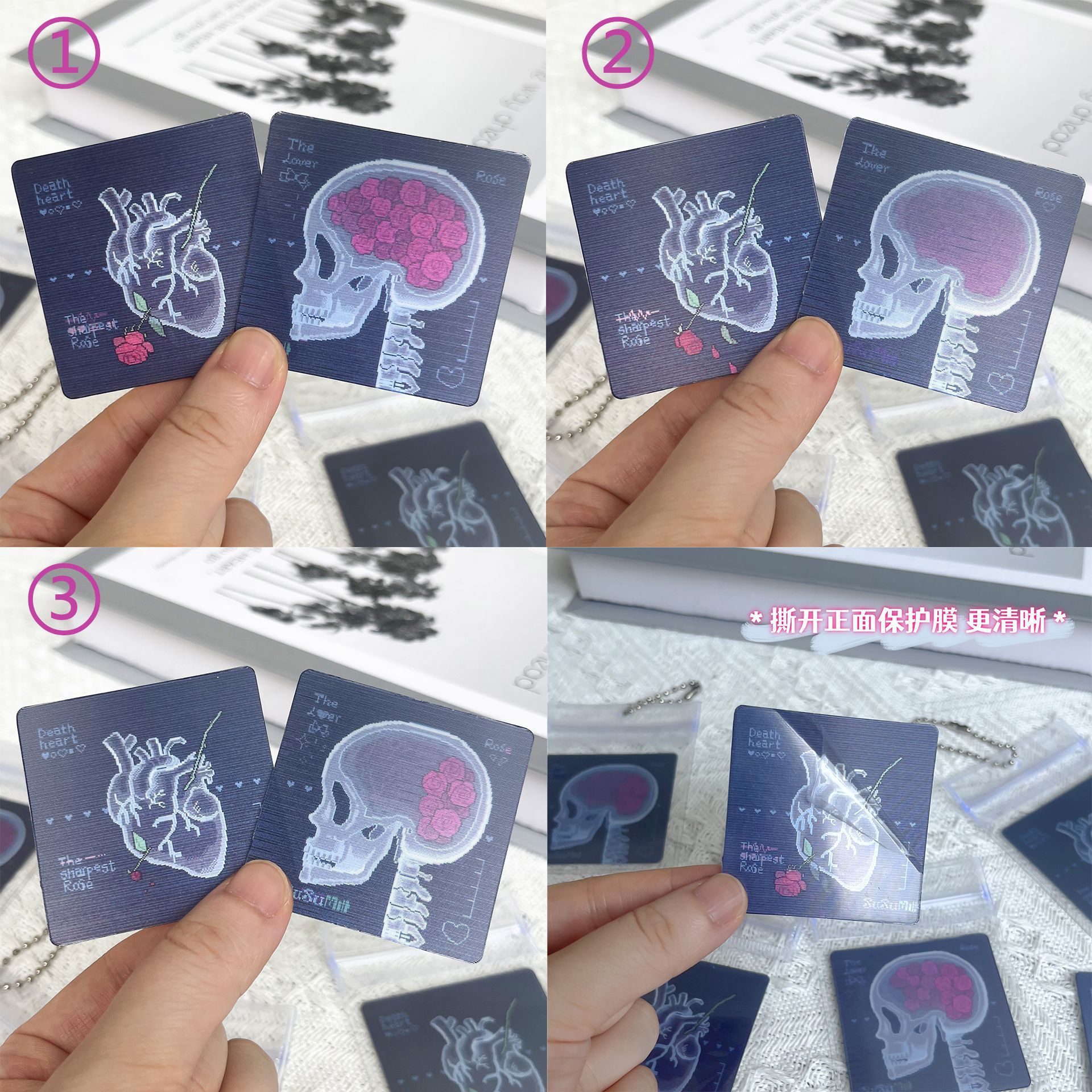 蔷薇骷髅光栅卡蔷薇像素风仿CT复古胶片多变光栅卡情侣礼物挂件详情3