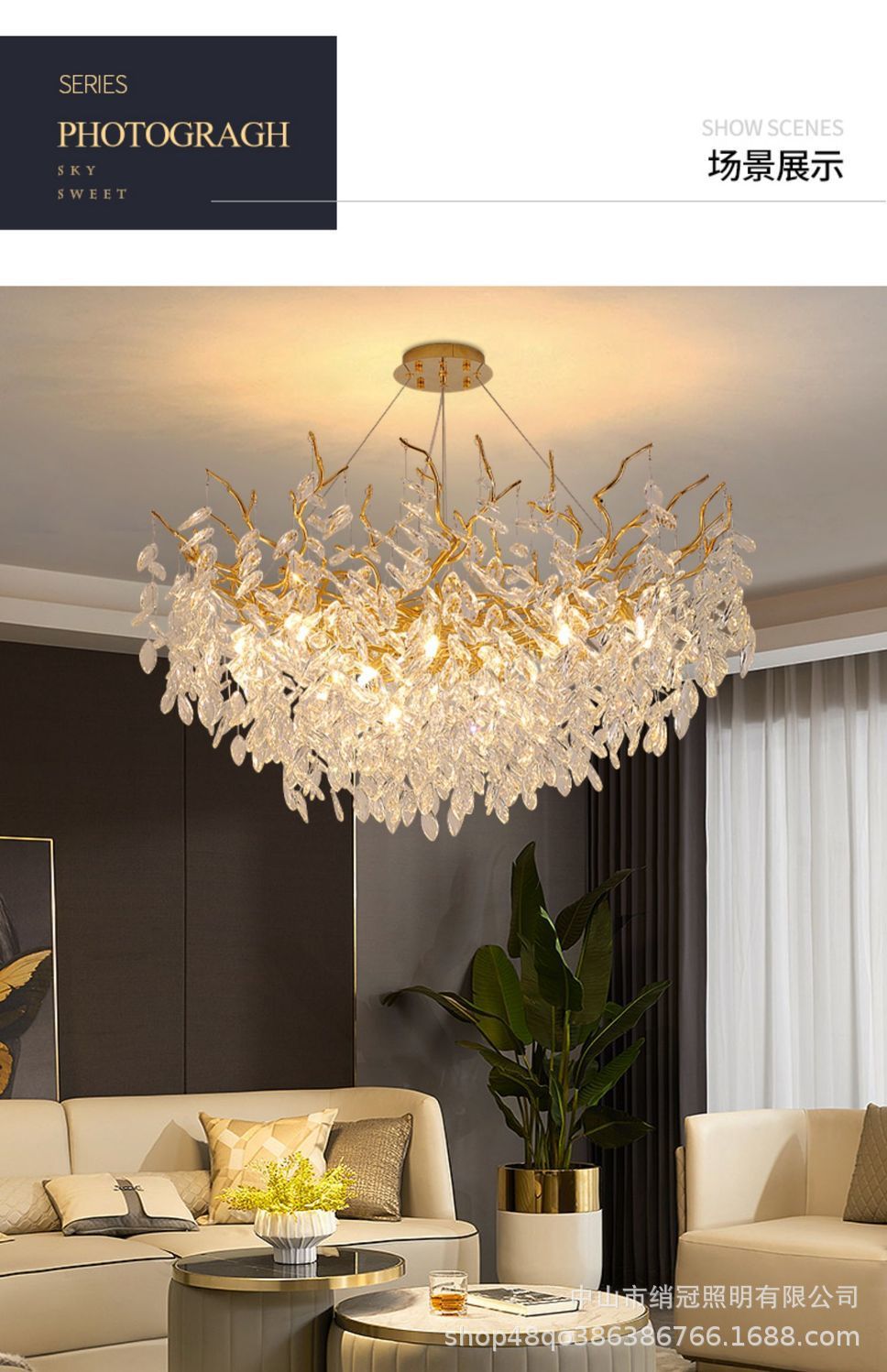 French luxurious and light luxury crystal chandelier, simple living room, grand chandelier, duplex, American branch, luxurious crystal round pic 2