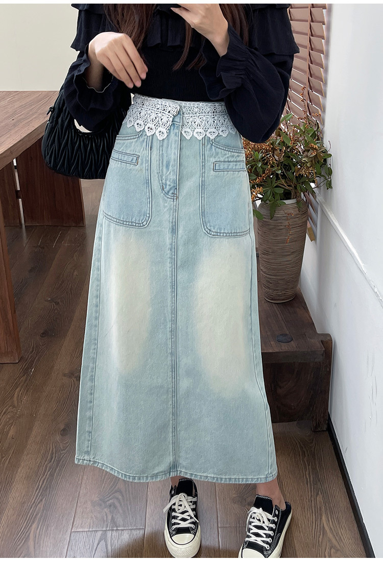 Original long denim skirt for Spring/Summer 2024, new design sense, lace patchwork high-waisted A-line skirt pic 8