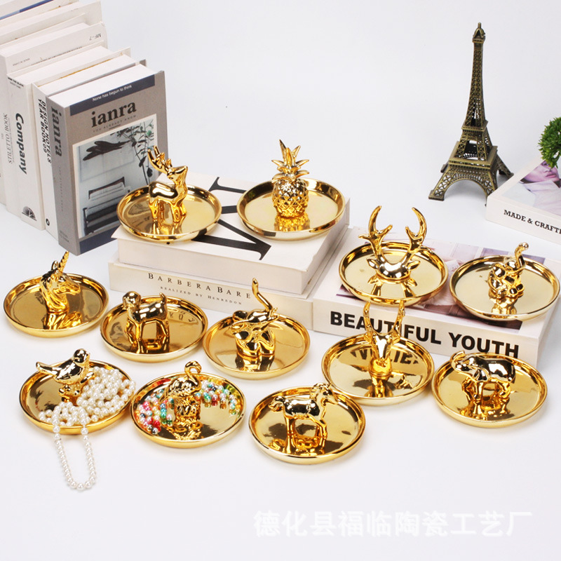 Nordic gold-plated ceramic handicrafts, gift jewelry plates, rings, watches, home storage plates, golden deer animal ornaments pic 3
