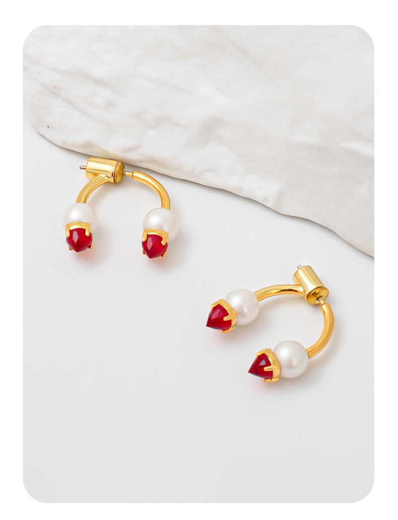 韩国网红同款珍珠耳钉时尚通勤玻璃红宝石耳钉女百搭小众设计耳钉详情5