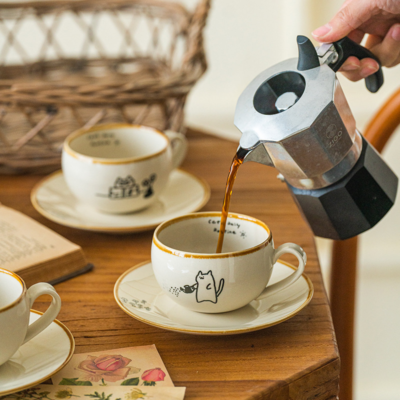 可爱卡通治愈插画日式猫咪陶瓷咖啡杯碟下午茶拿铁拉花杯高级感咖啡具套装详情20