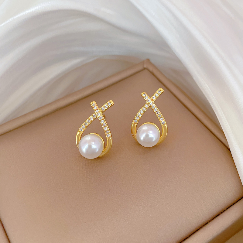 【钛钢】项链耳环套装轻奢满钻交叉珍珠个性气质宴会耳饰项饰组详情12