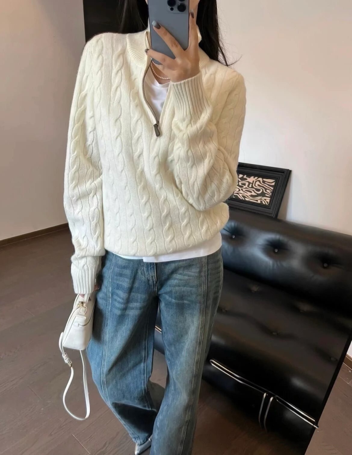 24221款秋冬美式男女款半拉链Polo针织衫宽松绞花套头保暖毛衣详情1