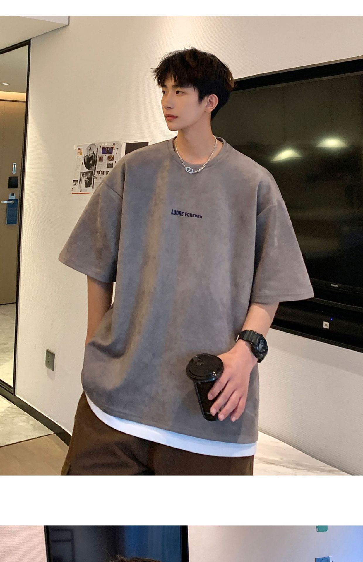 Avocado Green 320g heavyweight T-shirt for men, American retro suede short-sleeved, oversized small collar, three-quarter sleeve pic 26