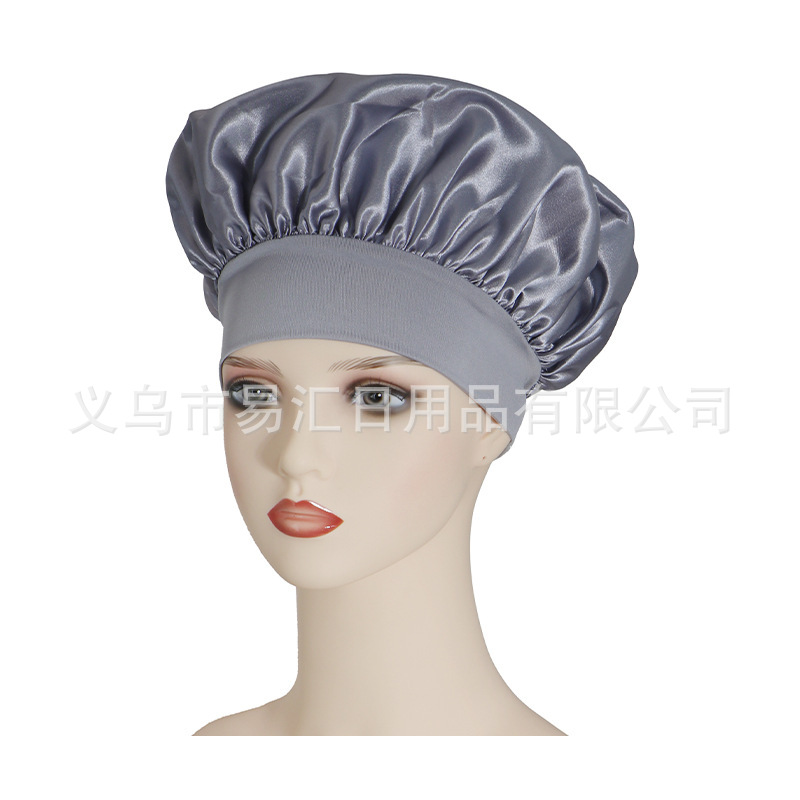 跨境热卖纯色宽边弹力成人睡帽 男女时尚护发美容浴帽色丁帽详情1