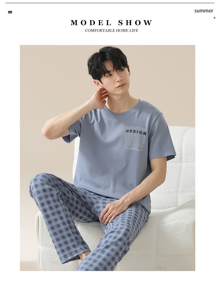 Summer pure cotton pajamas for men, cartoon casual short-sleeved shirts and long pants, pure cotton comfortable home wear, summer youth student set pic 138