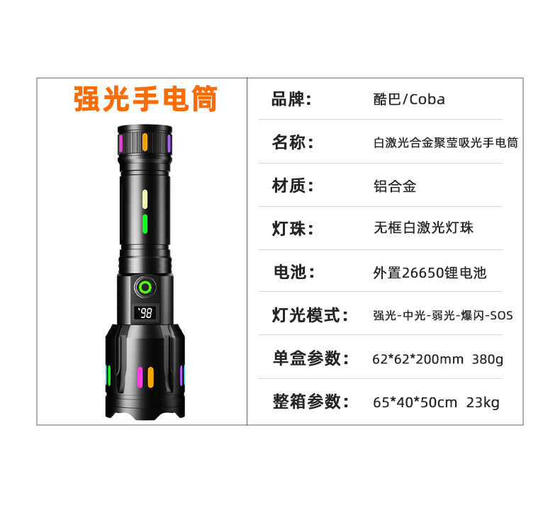 亚马逊强光变焦多功能手电Type-C充电荧光条数字电显白激光手电筒详情5