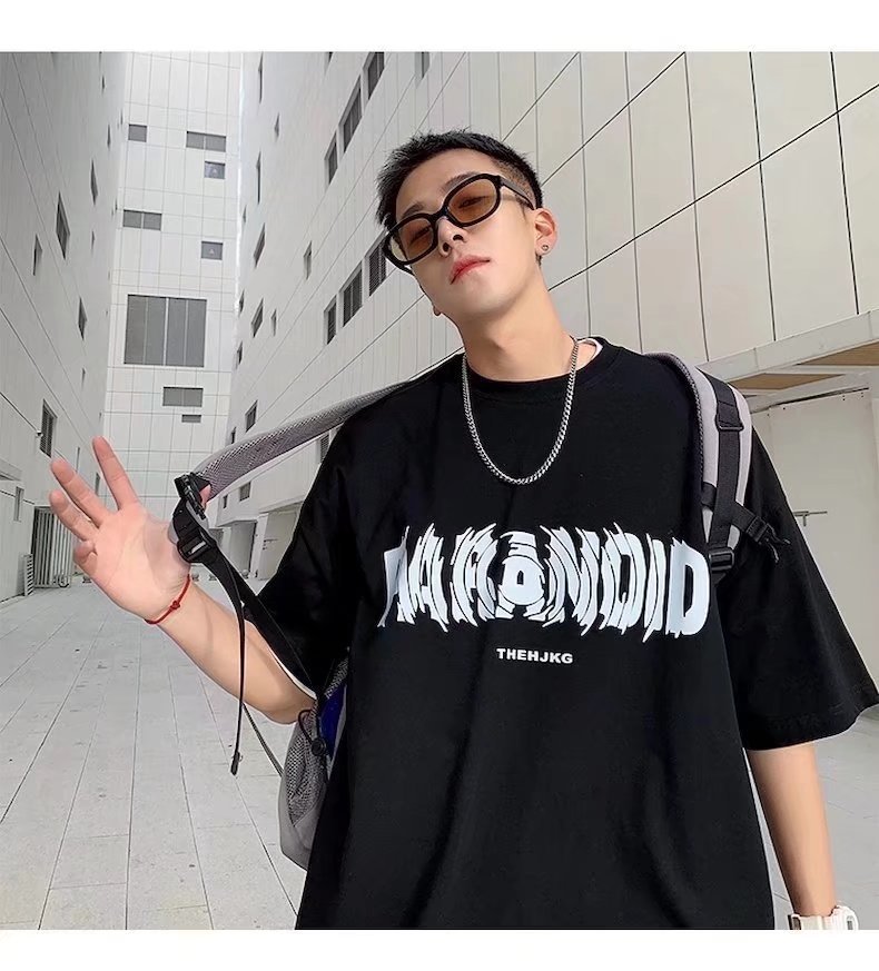 Pure cotton short-sleeved T-shirt for men, loose Hong Kong trend brand round-neck top, new letter-printed half-sleeved T-shirt pic 12