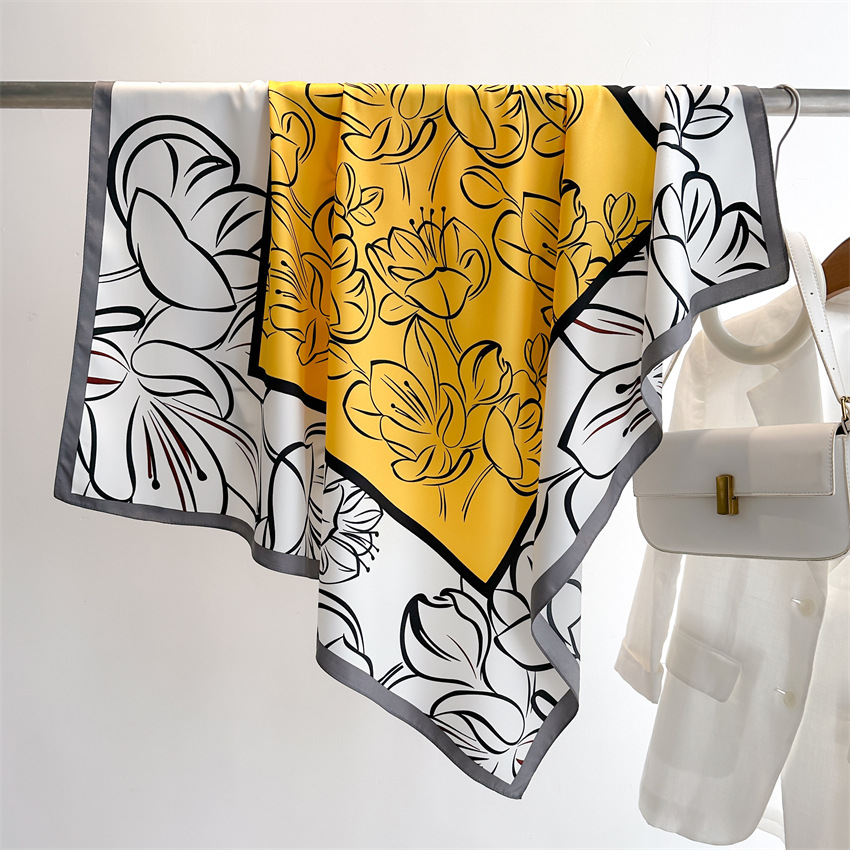 National trend retro printed artistic silk scarf, 90cm twill silk scarf, lotus flower fashionable large square scarf, sun protection shawl headscarf pic 15