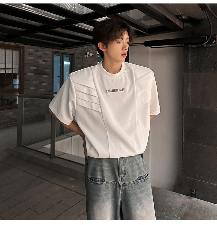 European and American high street original design sense T-shirt for men, multi-layered structure shoulder pad short-sleeved, summer American-style heavy half-sleeved pic 6