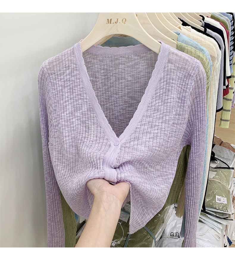 针织冰丝开衫长袖夏季黑色春秋薄款外搭短款空调衫披肩上衣女详情12