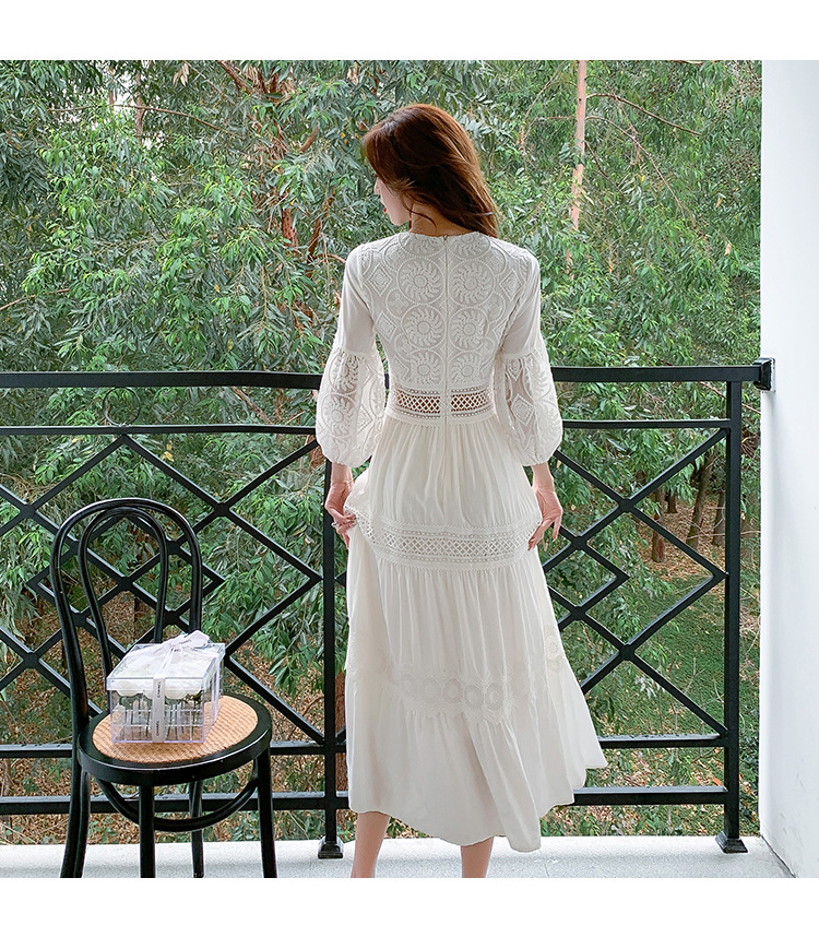 2024流行款连衣裙春夏白色甜美法式泡泡袖过膝长裙沙滩裙出游裙子详情21