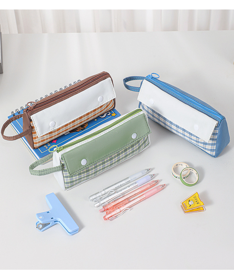2024新品日系小清新格子拼接文具笔袋收纳学生文艺范手提双口笔袋详情9