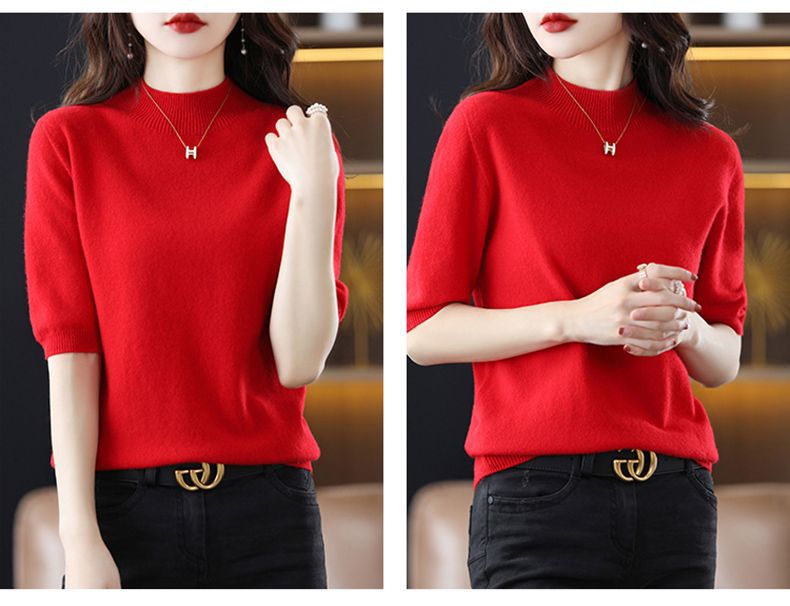 A semi-high-neck casual knitted sweater for women in spring 2023, in a solid color, paired with a half-sleeved base layer sweater T-shirt pic 33