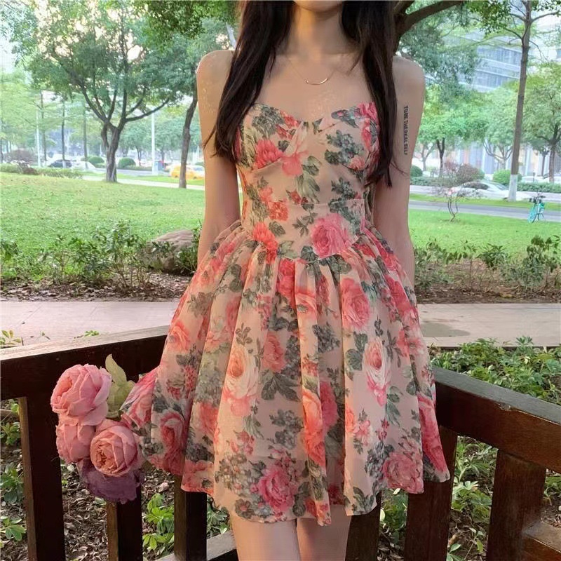 高腰气质显瘦碎花吊带连衣裙仙女春夏季法式小个子新款a字短裙子详情6