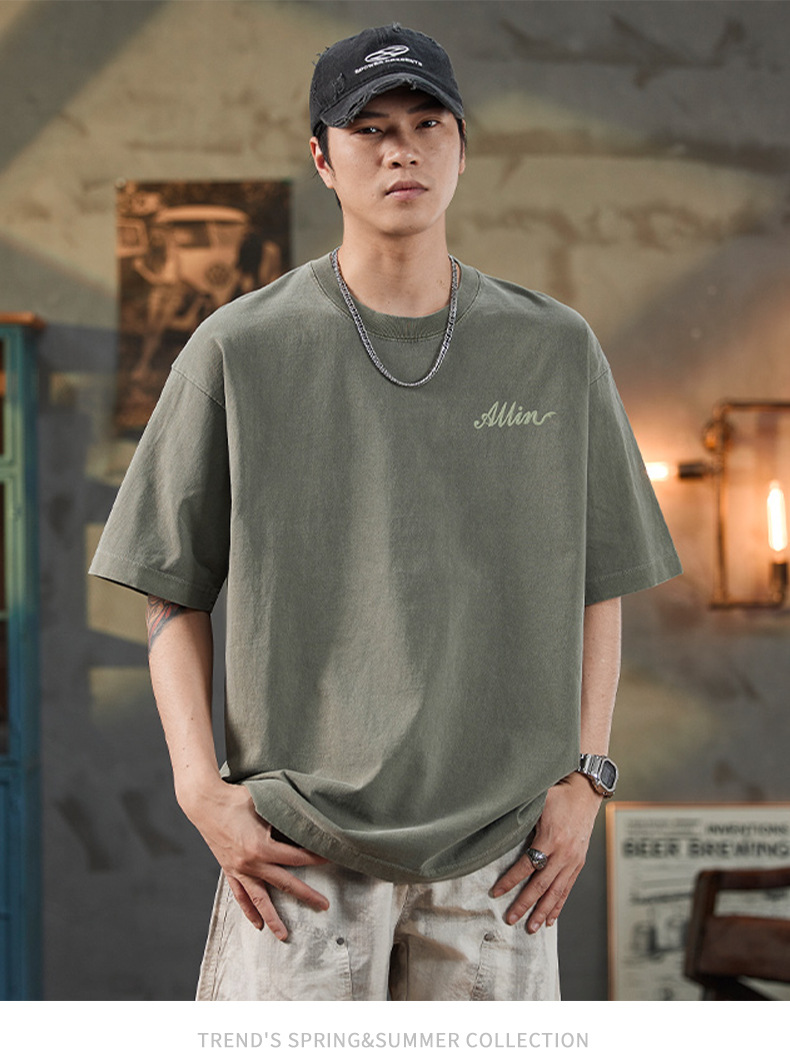 ALLIN pure cotton heavy-duty short-sleeved T-shirt for men, a summer trendy brand with three-dimensional printed letters and loose round-neck couple tops pic 35