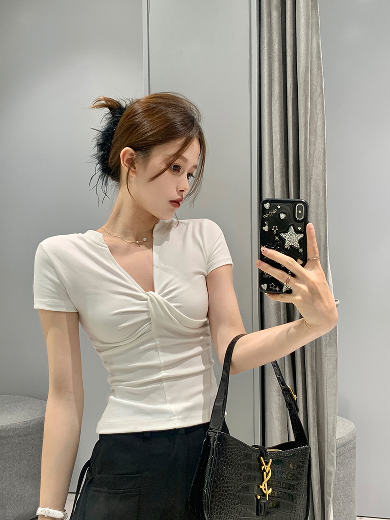 雅姿欣设计感白色短袖T恤两穿修身辣妹百搭显瘦内搭上衣女一字肩详情25
