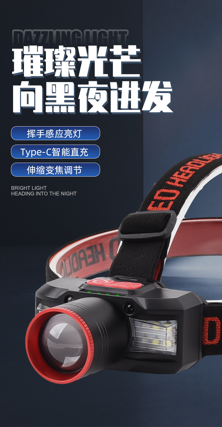 白激光芯片挥手感应头灯USB可充电户外头戴式夜钓灯白激光头灯详情1
