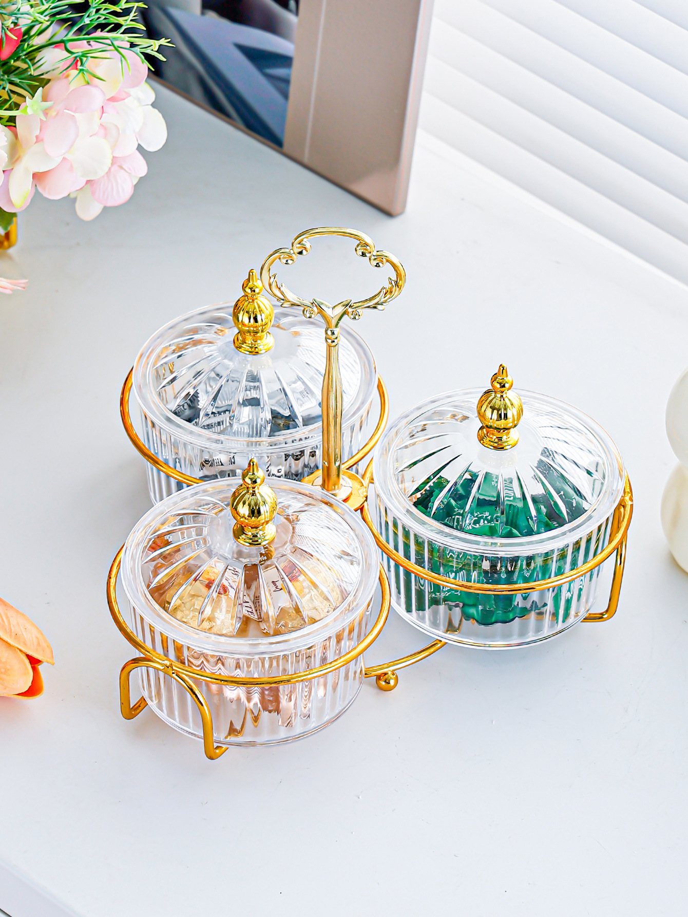 北欧干果碟零食盘小吃碟透明圆形水果盘点心分格盘铁艺带盖盒详情7