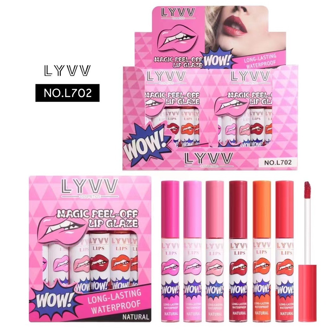Cross-border bestseller LYVV Makeup 6-color liquid combination peel-off lip gloss, non-stick cup, non-fading set, peel-off lip mask pic 4