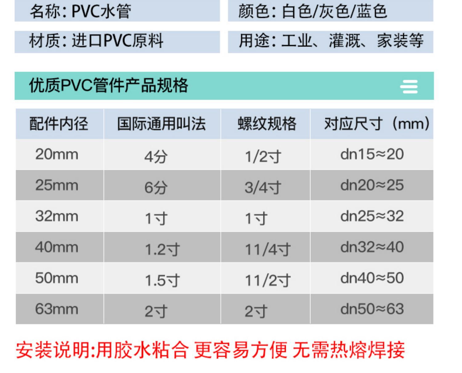 顶建 pvc给水管道上水管材胶粘供水管202532自来水管4分6分白灰蓝详情6