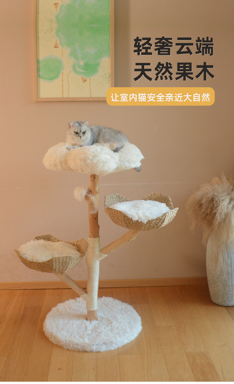 Natural fruit wood cat climbing frame, solid wood rattan woven cat bed, cat tree integrated unit, small footprint, factory direct supply for big cats pic 1