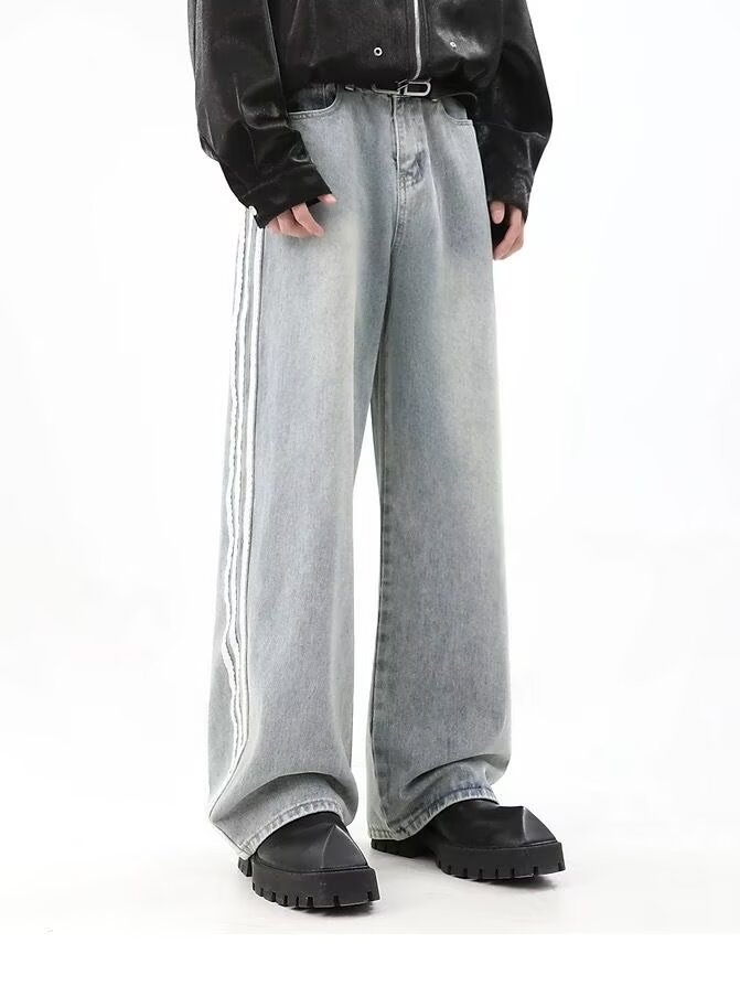 FUIV 美式条纹拼接牛仔裤男潮复古直筒宽松高街高街潮流痞帅长裤详情7