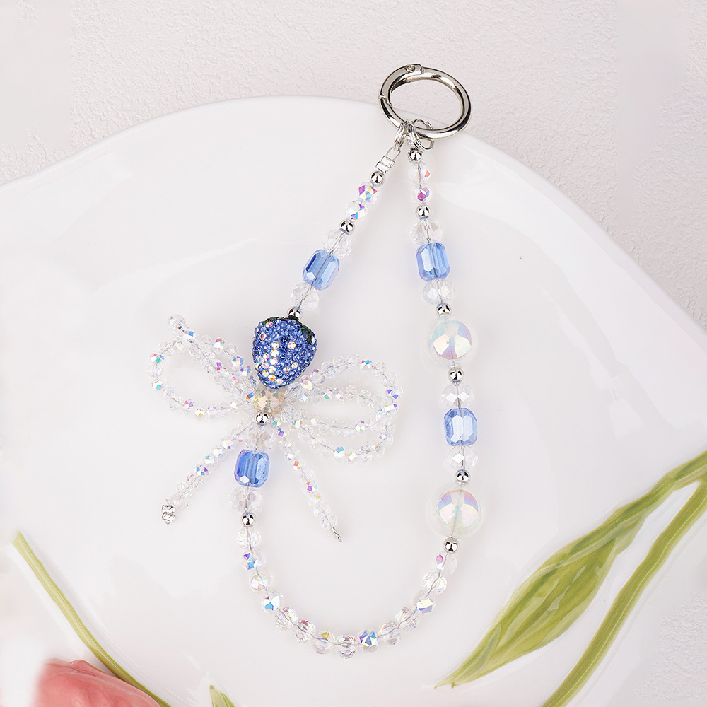 爆闪水钻水晶草莓蝴蝶结手机链带扣钥匙包包串珠挂链手机挂绳挂饰详情7