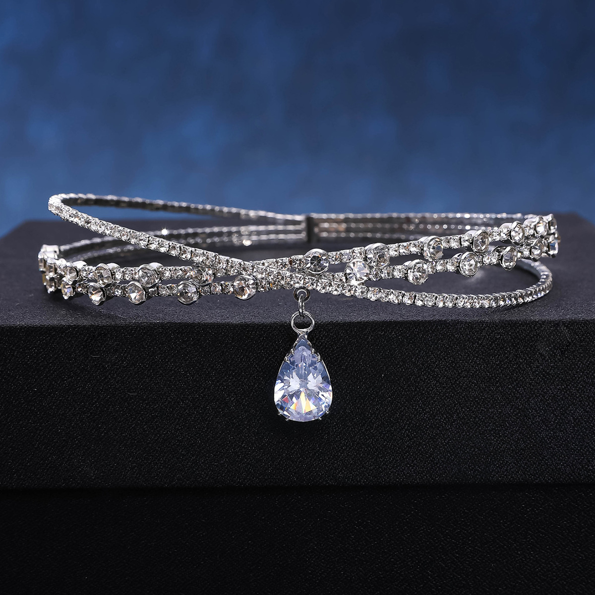 Zircon water drop hairband, large gemstone hairband, headwear, collar, neckband, rhinestone slimming, cross collarbone chain necklace pic 5