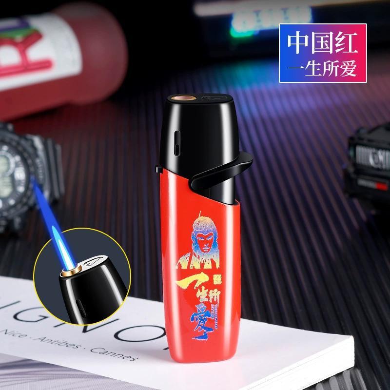 防风充气打火机金属防爆个性图案蓝色火焰时尚纤细摇臂点烟器详情5