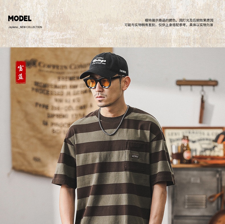 32支双纱平纹纯棉T恤男短袖夏季美式复古重磅宽松大码条纹男体恤详情9