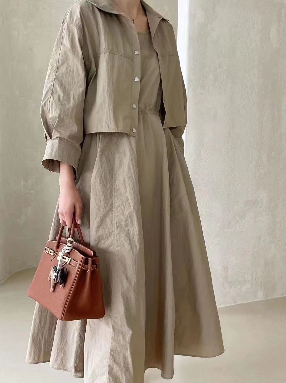Cross-border Japanese style in-stock 2023 lapel long-sleeved top + sleeveless dress two-piece set pic 2