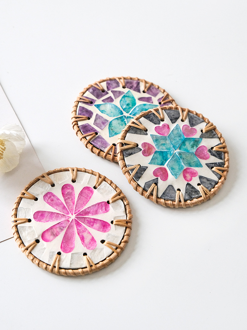 藤编陶瓷隔热垫贝壳杯垫茶杯垫茶几手工编织防烫贝壳垫详情13