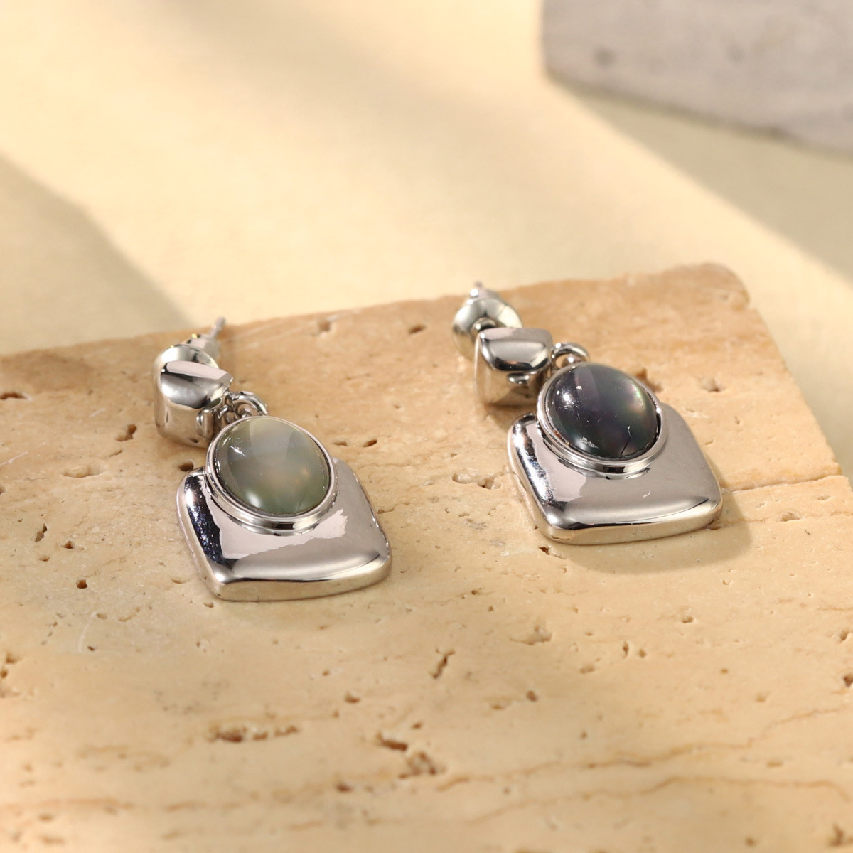 French geometric metal minimalist earrings with an irregular texture, white lava ring and enamel adjustable joints pic 34