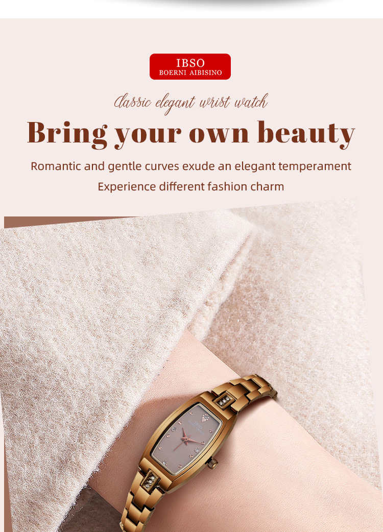 IBSO輕奢酒桶形女士石英表金色鑲鉆小表盤時尚簡約腕表詳情7