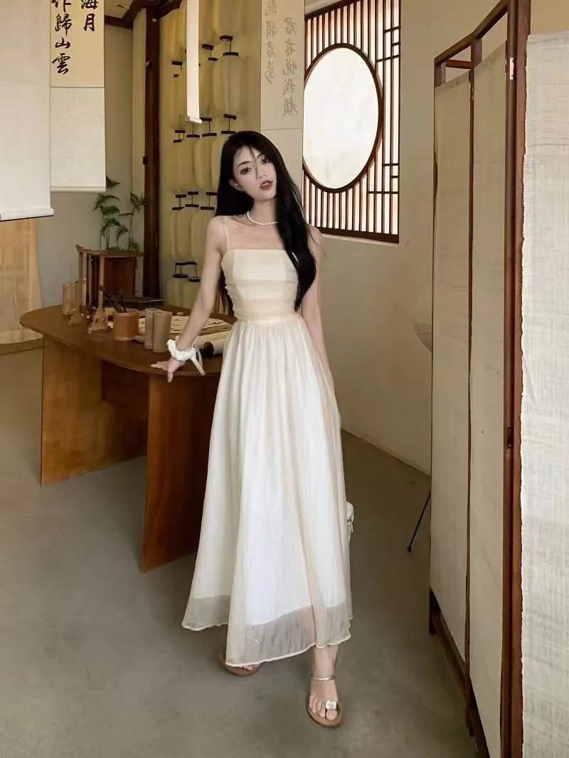 女装法式白色吊带长裙夏新款2024气质收腰显瘦纯色礼服超仙连衣裙详情31