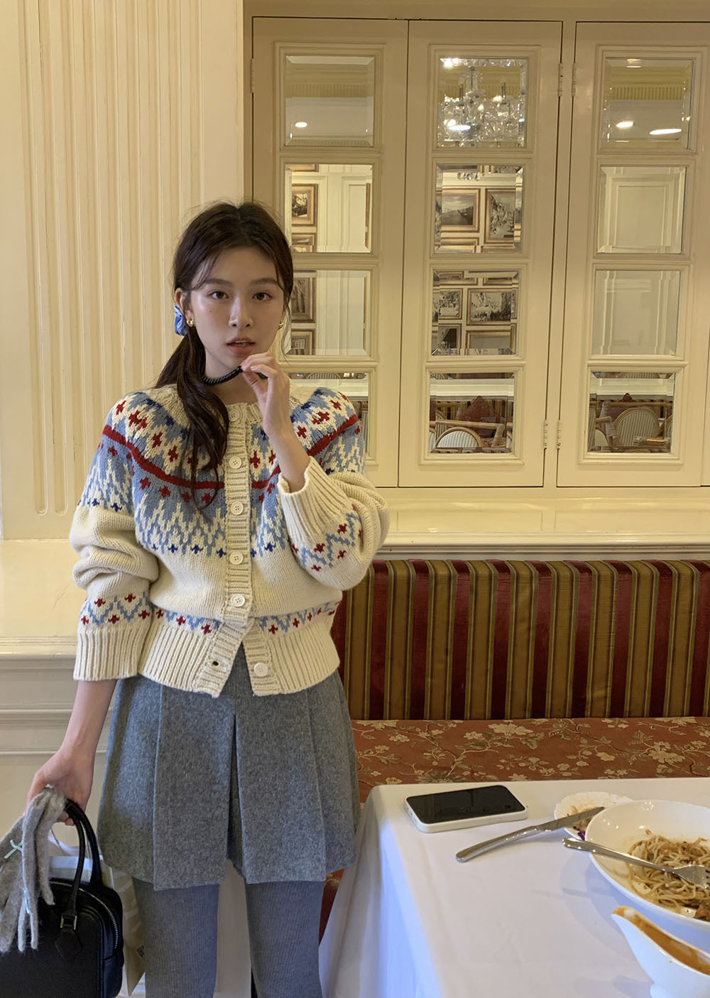 费尔岛复古美式少女撞色波普提花单排扣针织开衫厚实保暖毛衣外套详情56