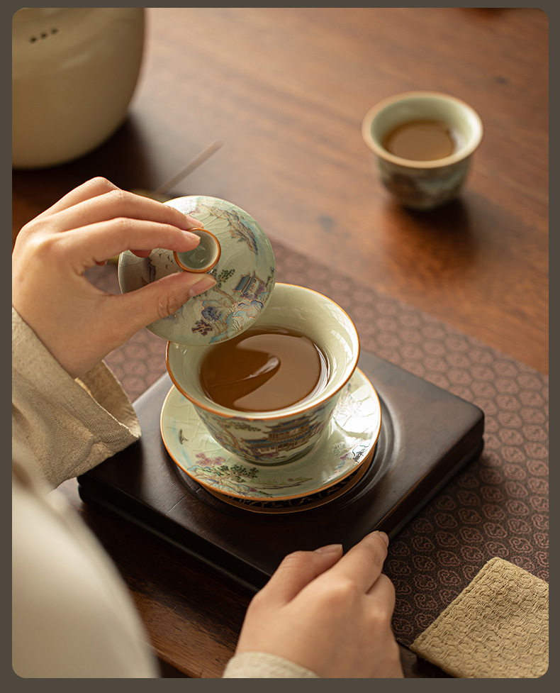 汝窑三才盖碗山水茶壶茶杯主人杯开片可养掐金功夫盖碗送礼套装详情13