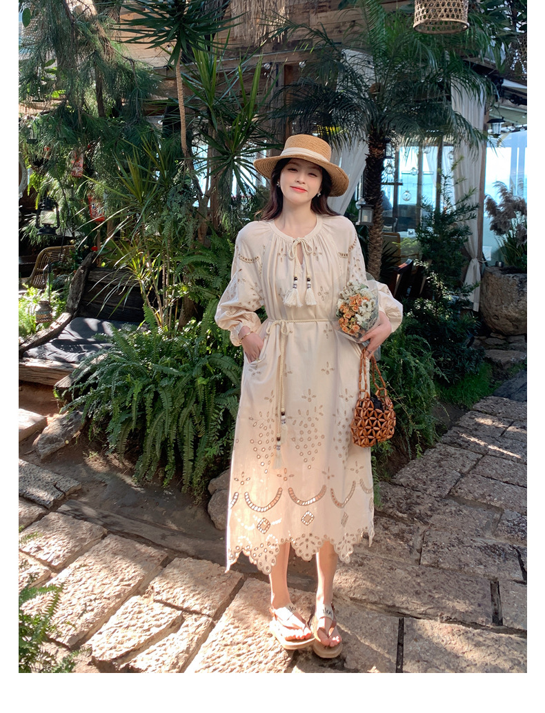 Real photo of a retro, gentle, cut-out embroidered V-neck apricot-colored dress, 2025 new seaside vacation style long-sleeved umbrella dress pic 45