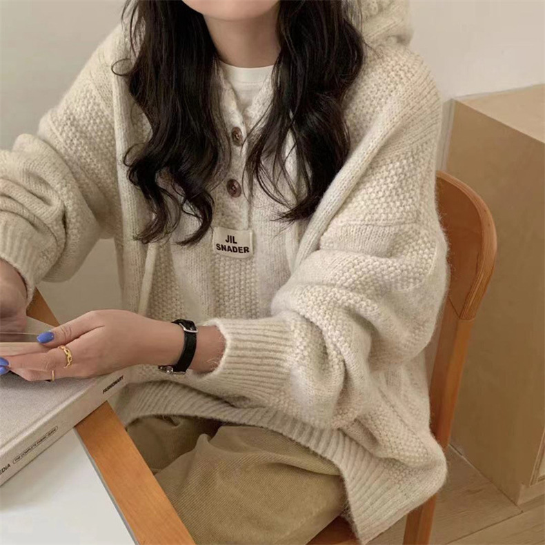 韩版宽松慵懒风连帽毛衣女秋冬2025新款软糯加厚抽绳针织卫衣上衣详情4
