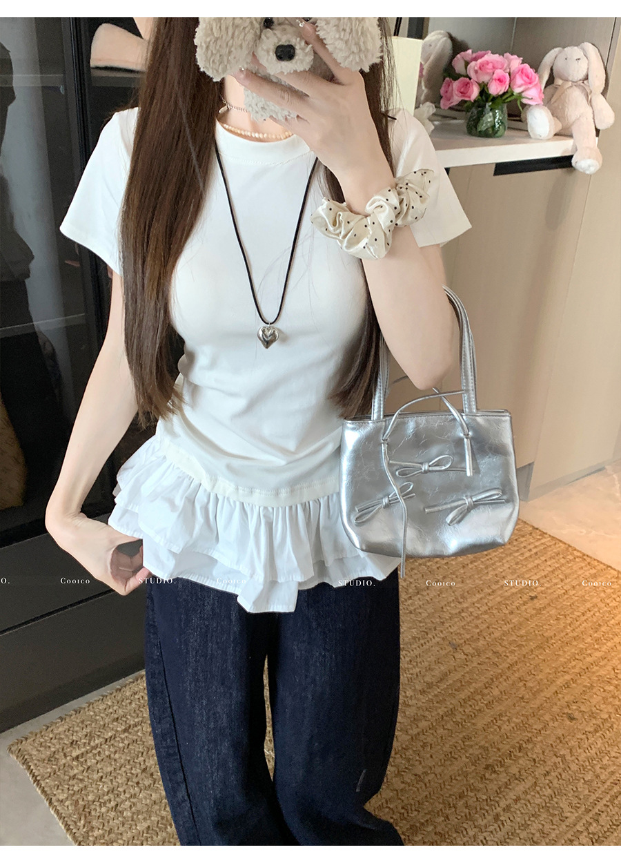 法式荷叶花边下摆拼接白色短袖t恤女夏季设计感修身正肩小衫上衣详情6