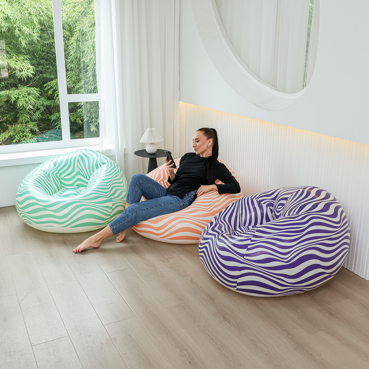 New inflatable striped spherical sofa, office nap bed, indoor lazy chair, 3D printed lounge chair, photography gift, lounge chair, single-person leisure inflatable sofa, new design, popular for taking photos, comfortable and thickened pic 2