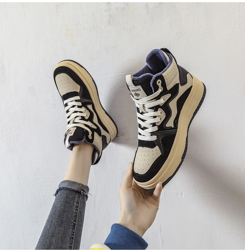 真皮高帮鞋女秋冬厚底拼色板鞋2025新款加绒休闲ins风运动鞋子女详情16