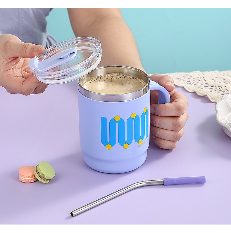 Simple water cup with handle, household and office sealed water cup, mug, student water cup with straw, stainless steel water cup pic 15
