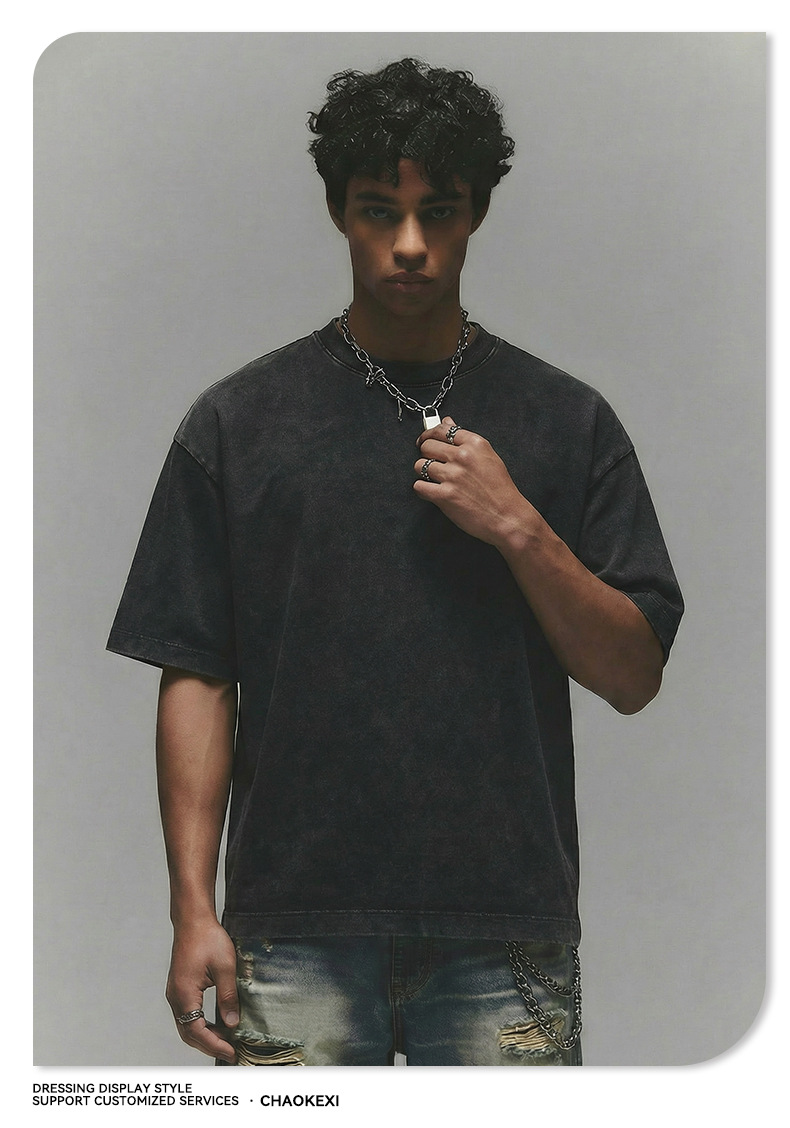 New pure cotton American-style solid-color youth T-shirt for men, 280g washed and aged trendy short-sleeved top custom-made pic 20