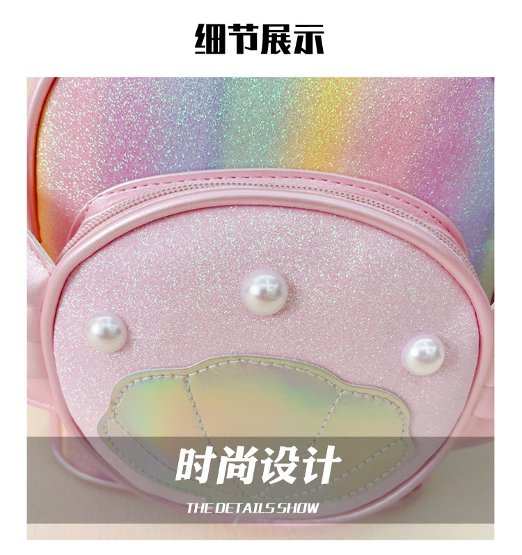 Rainbow gradient sequin backpack, pearl shell pattern, pink bow, outdoor hiking canvas schoolbag, lightweight and durable pic 5