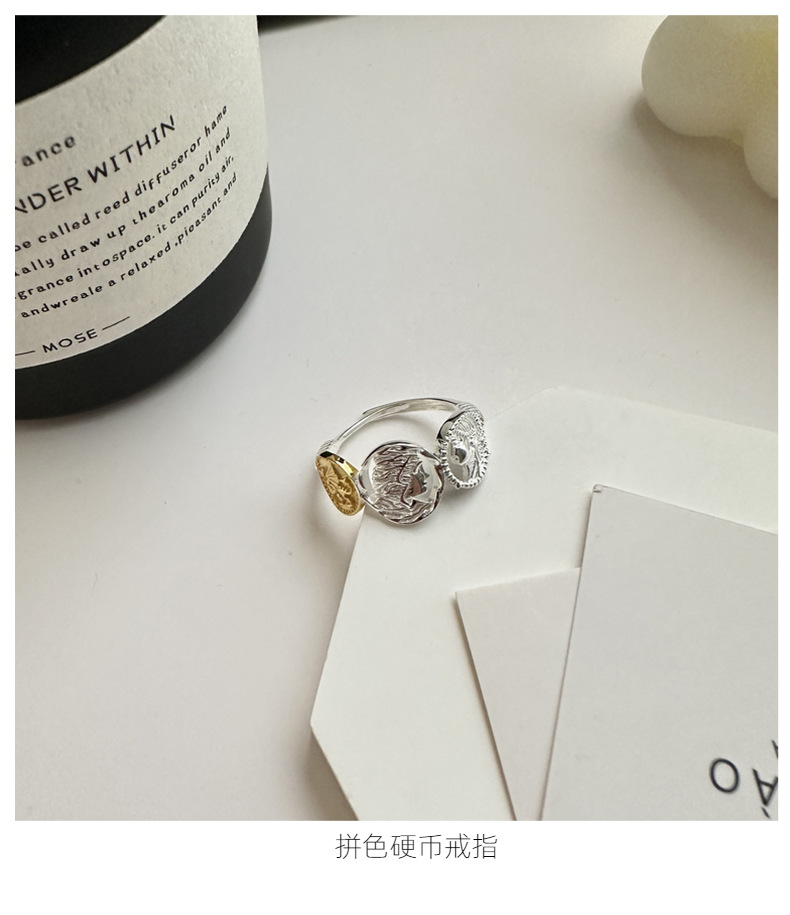 S925纯银韩版小众设计感人像金银拼色戒指韩国风博主款指环批发详情8