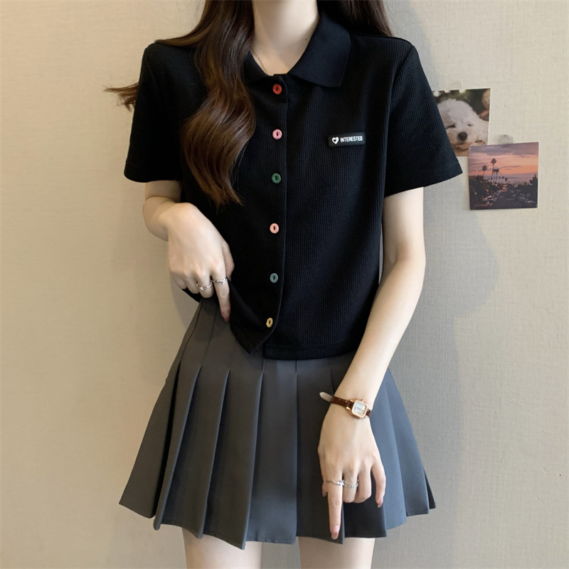 夏季大码胖mm学院风减龄彩色扣polo领正肩黑色短袖T恤女小衫上衣详情7