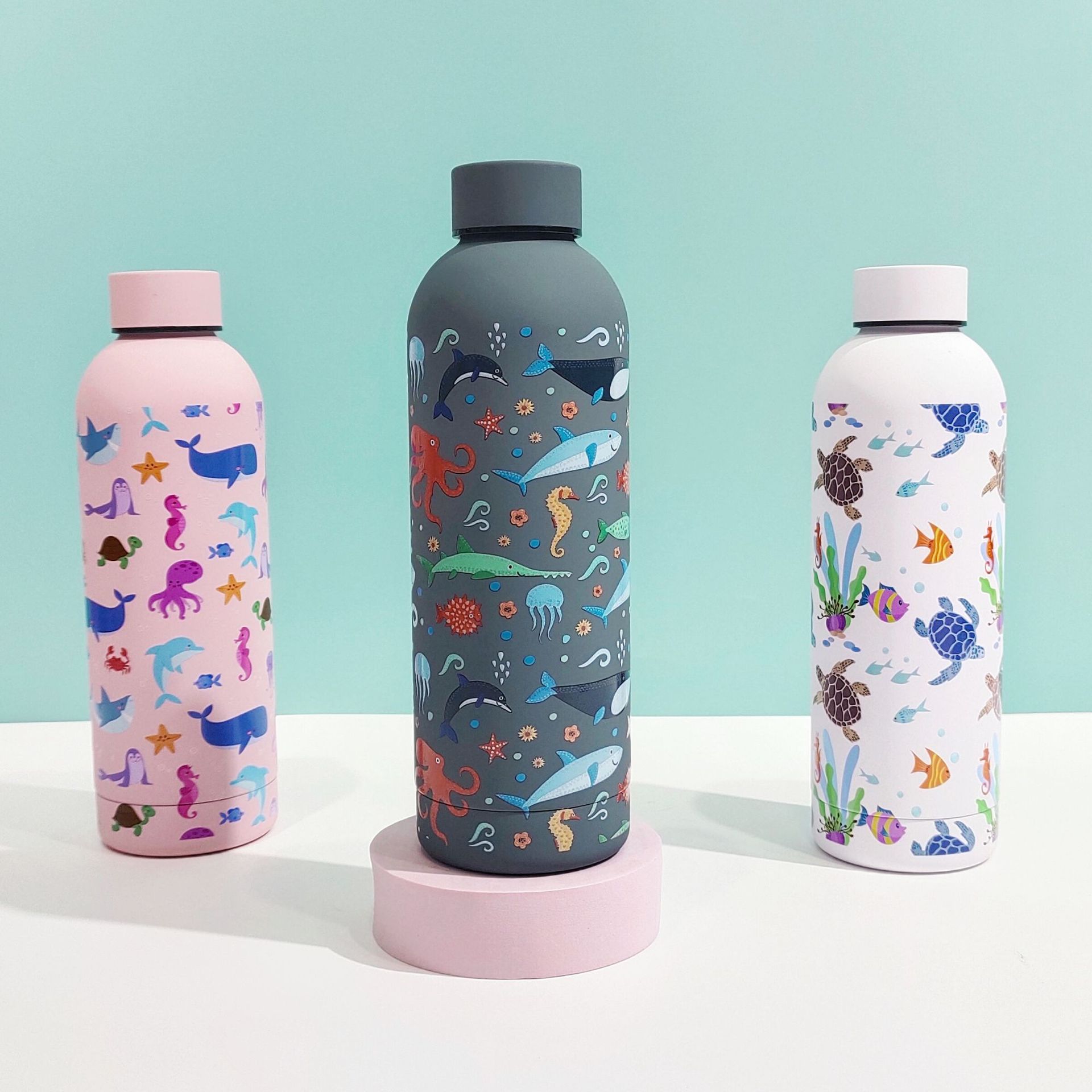 外贸新款不锈钢小口瓶保温杯海洋精美图案户外便携式美式运动水瓶详情6